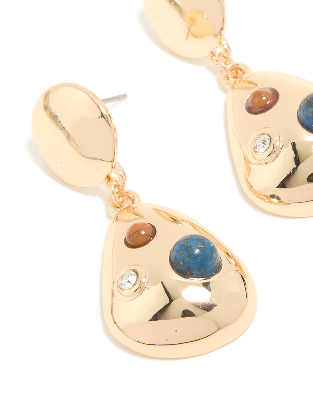 Gold Brown & Blue Stone Spotted Drop Earrings - Image 4