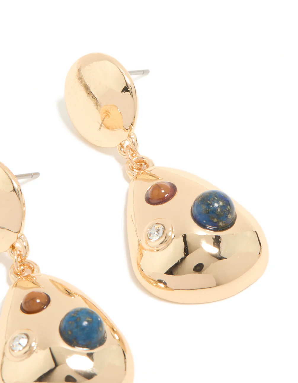 Gold Brown & Blue Stone Spotted Drop Earrings - Image 5