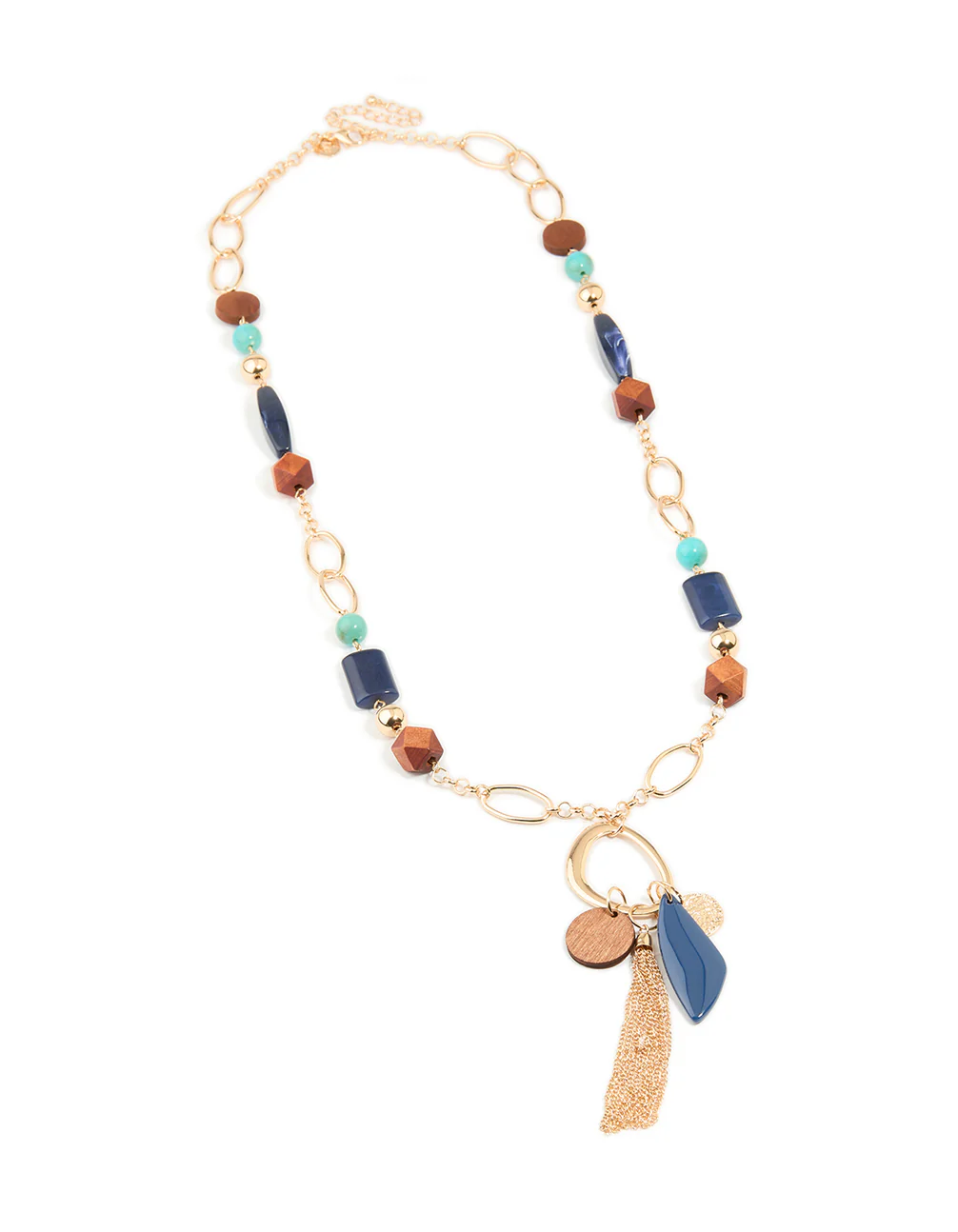 Gold Brown & Dark Blue Beaded Fringe Long Necklace - Image 2
