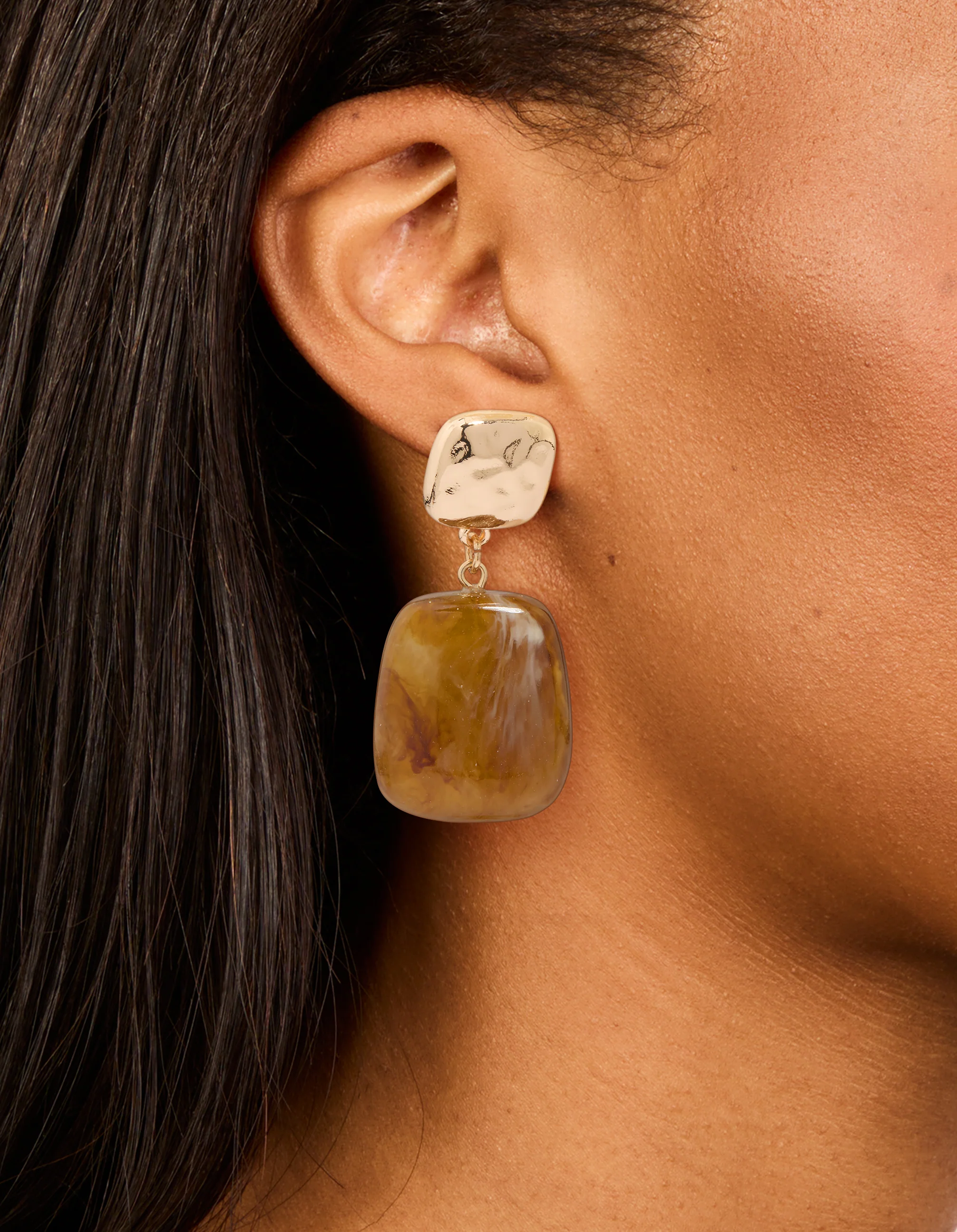Gold Brown Double Square Drop Earrings - Image 2