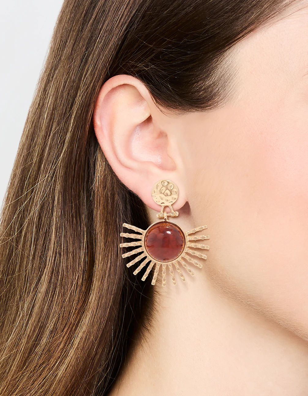 Gold & Brown Stone Circular Fan Drop Earrings - Image 2