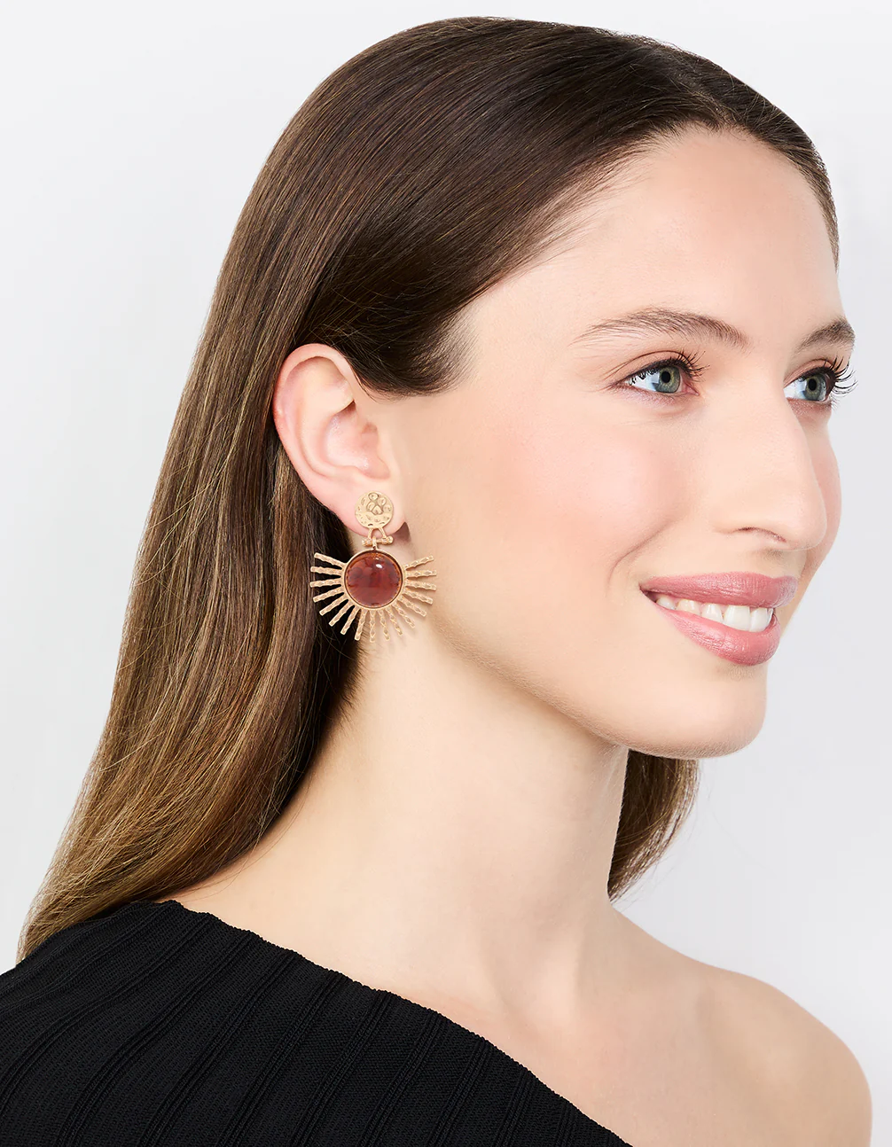 Gold & Brown Stone Circular Fan Drop Earrings - Image 3