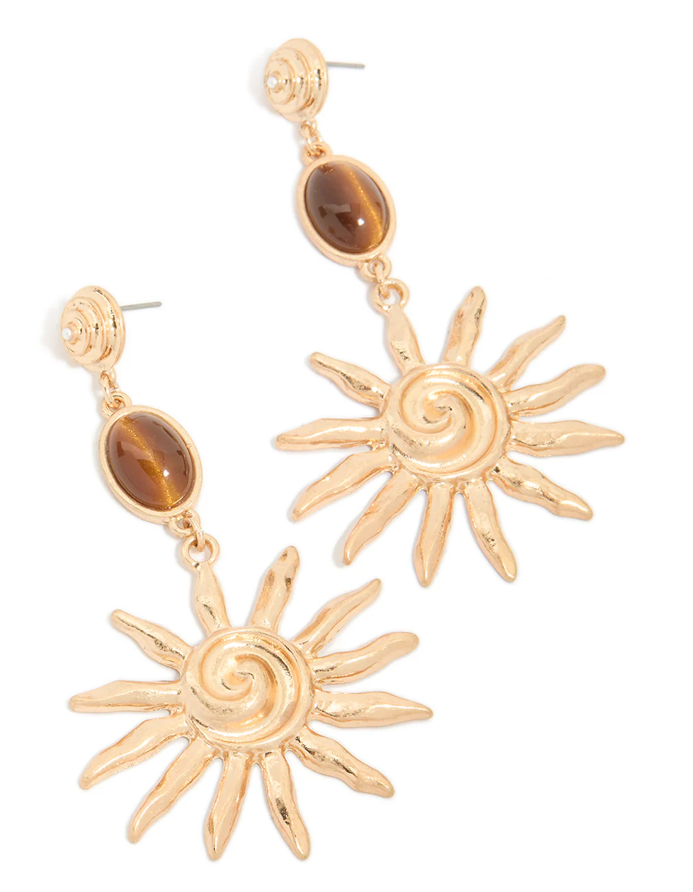 Gold Brown Stone & Large Swirly Sun Drop Earrings - Image 2