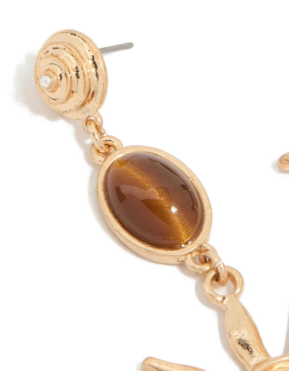 Gold Brown Stone & Large Swirly Sun Drop Earrings - Image 4