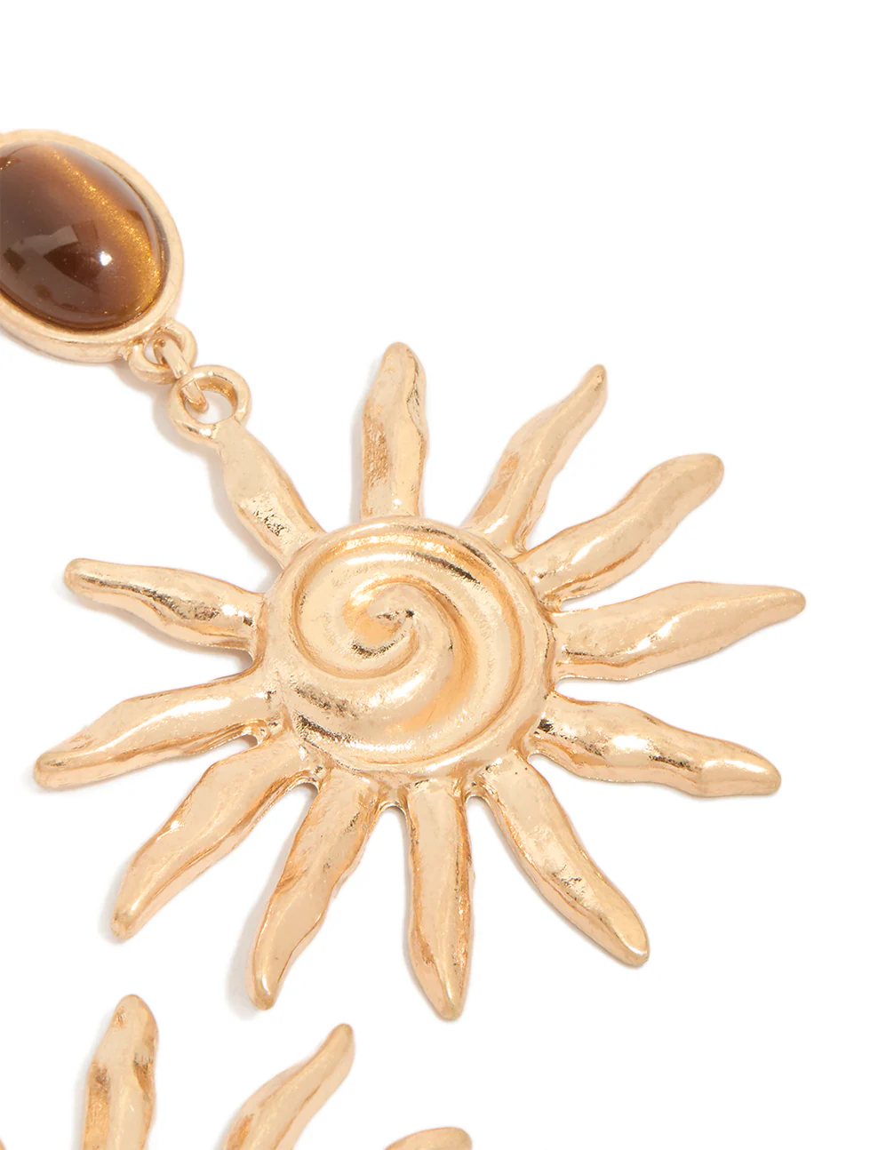 Gold Brown Stone & Large Swirly Sun Drop Earrings - Image 5