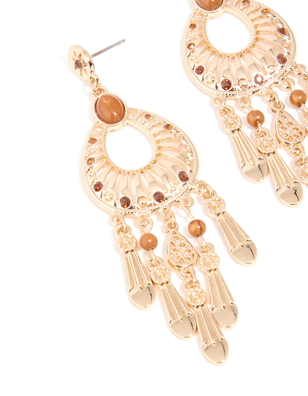 Gold Brown Stone Rustic Chandelier Earrings - Image 2