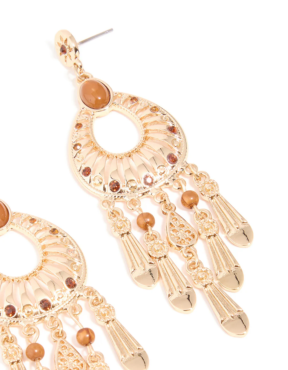 Gold Brown Stone Rustic Chandelier Earrings - Image 3