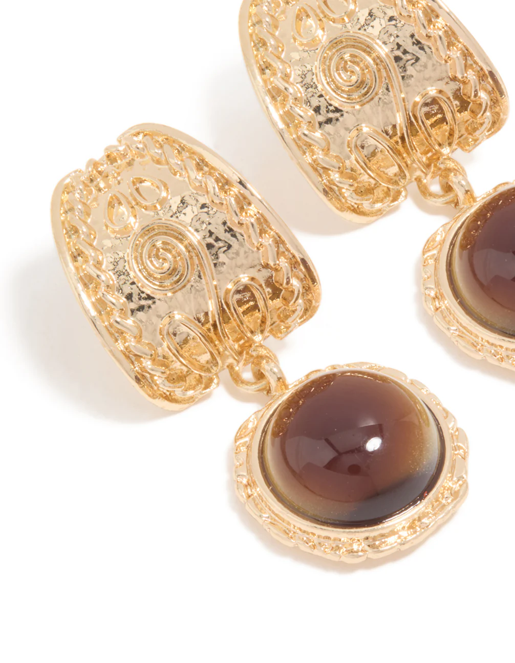 Gold Brown Stone Textured Drop Earrings - Image 2