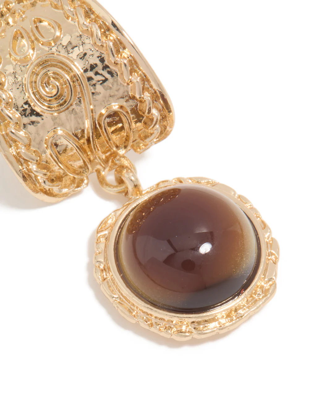 Gold Brown Stone Textured Drop Earrings - Image 3