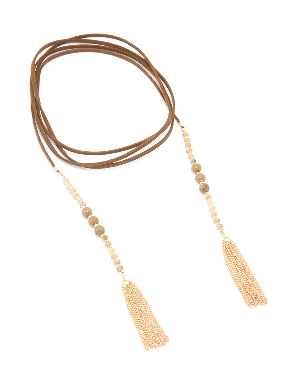 Gold Brown Suede Wrap Tassel Long Necklace - Image 2