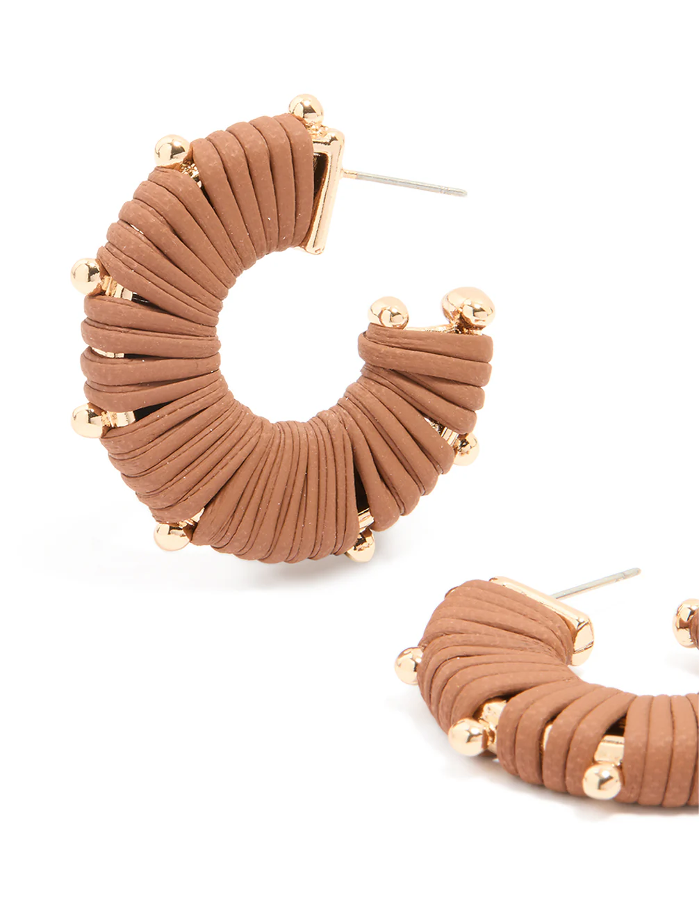 Gold Brown Yarn Wrapped Hoop Earrings - Image 2