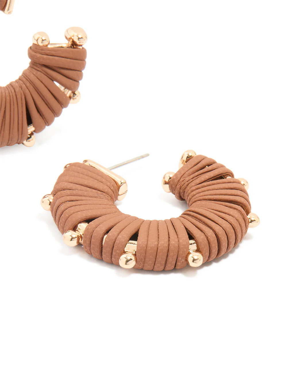 Gold Brown Yarn Wrapped Hoop Earrings - Image 3