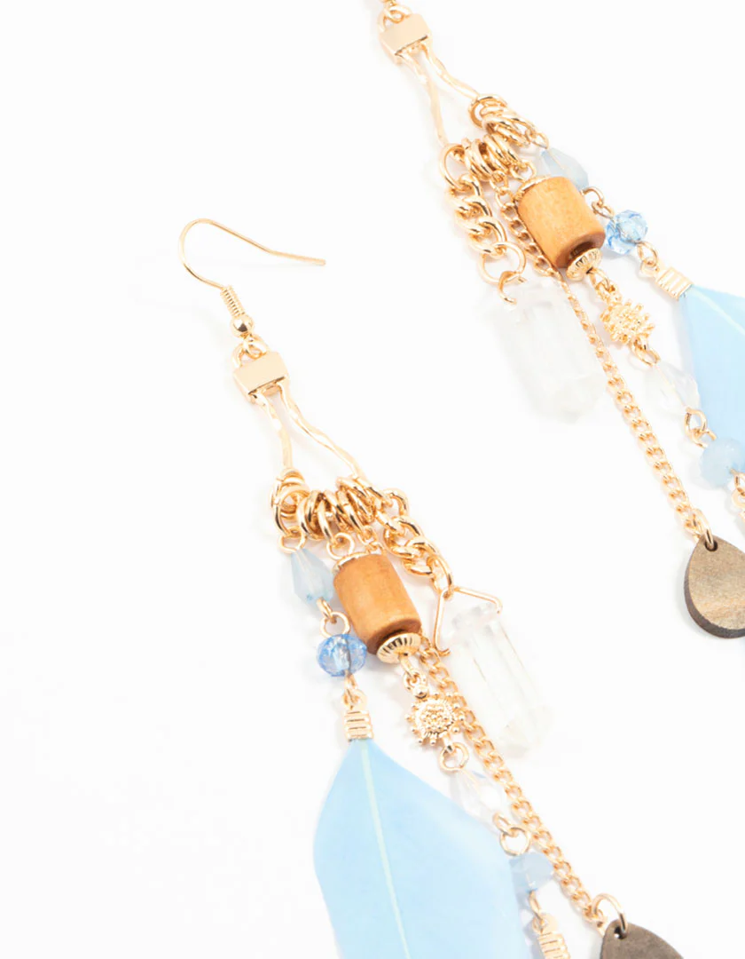 Gold Bug Shard Feather Chain Drop Earrings - Image 4