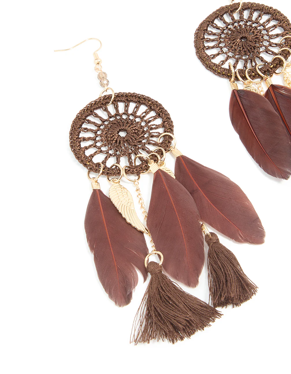 Gold Burgundy Feather & Brown Fabric Dreamcatcher Drop Earrings - Image 2