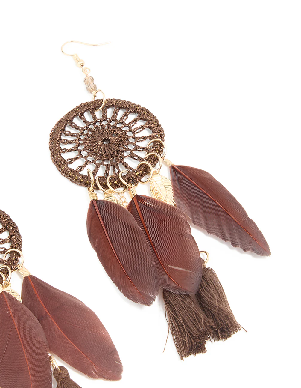 Gold Burgundy Feather & Brown Fabric Dreamcatcher Drop Earrings - Image 3