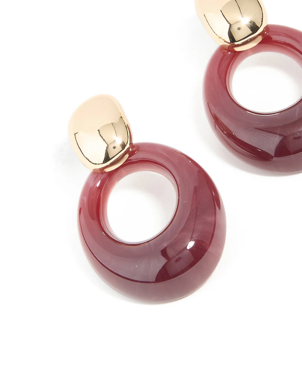 Gold & Burgundy Oval Drop Earrings - Image 2