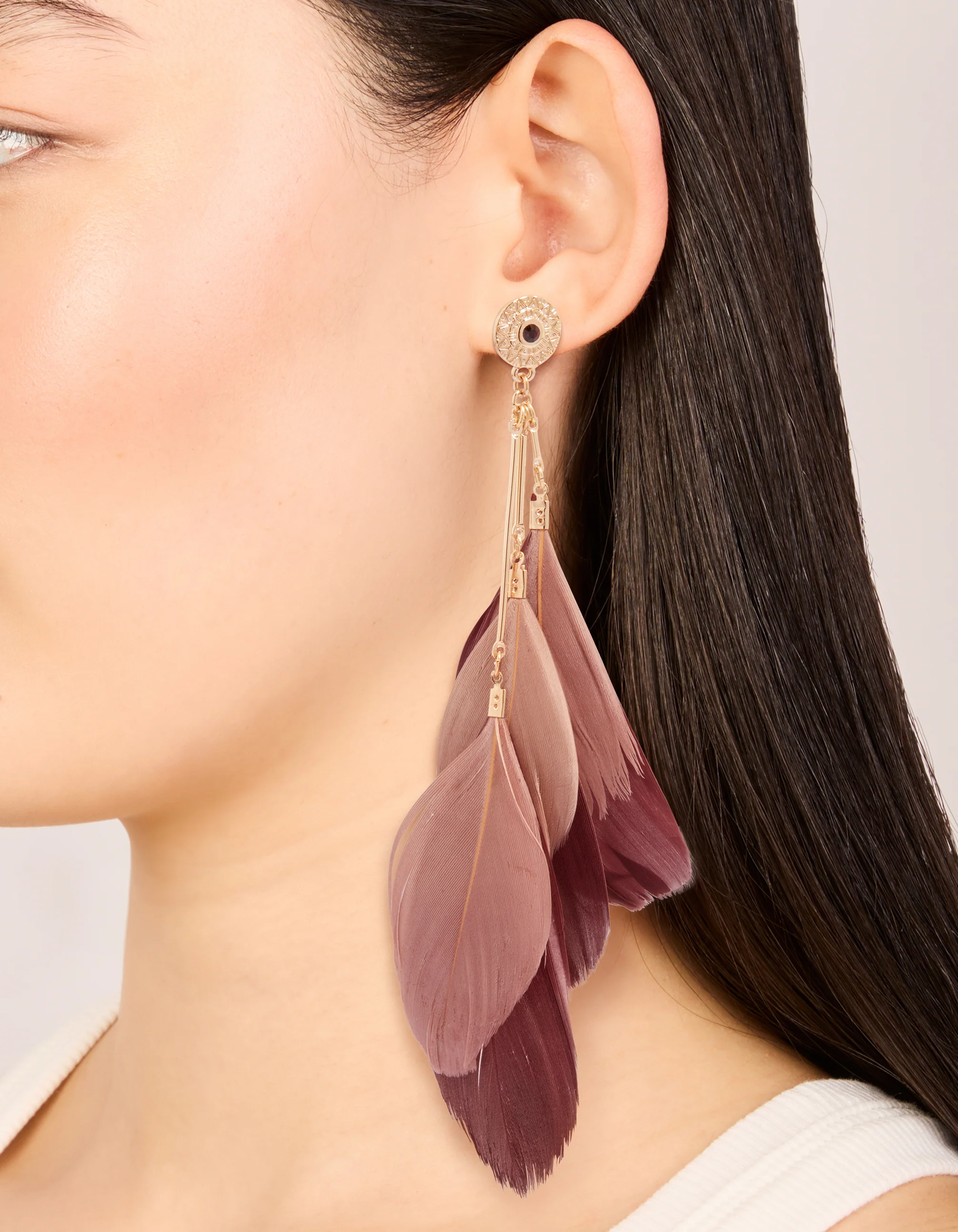 Gold Burgundy & Pink Feather Drop Earrings - Image 2