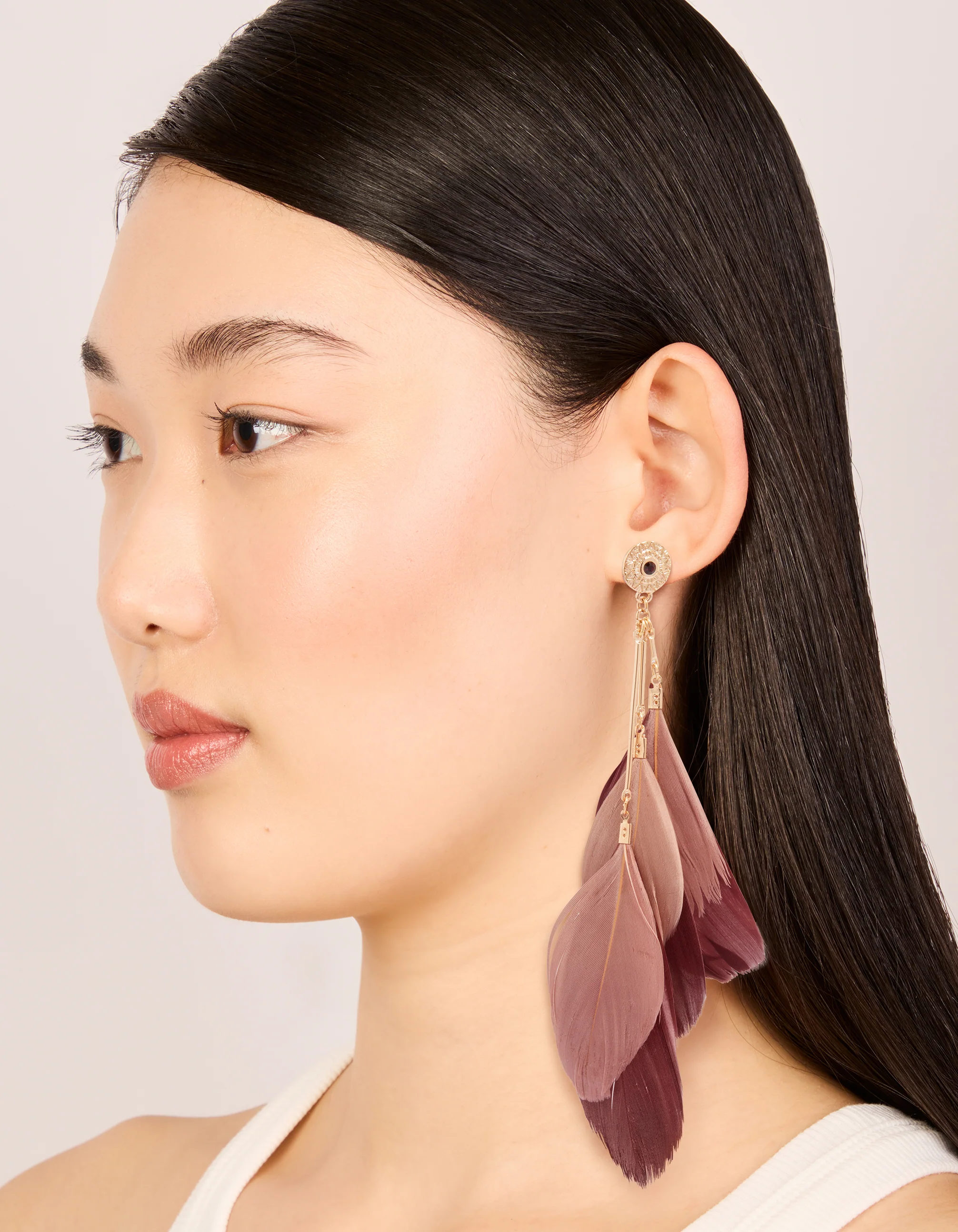 Gold Burgundy & Pink Feather Drop Earrings - Image 3