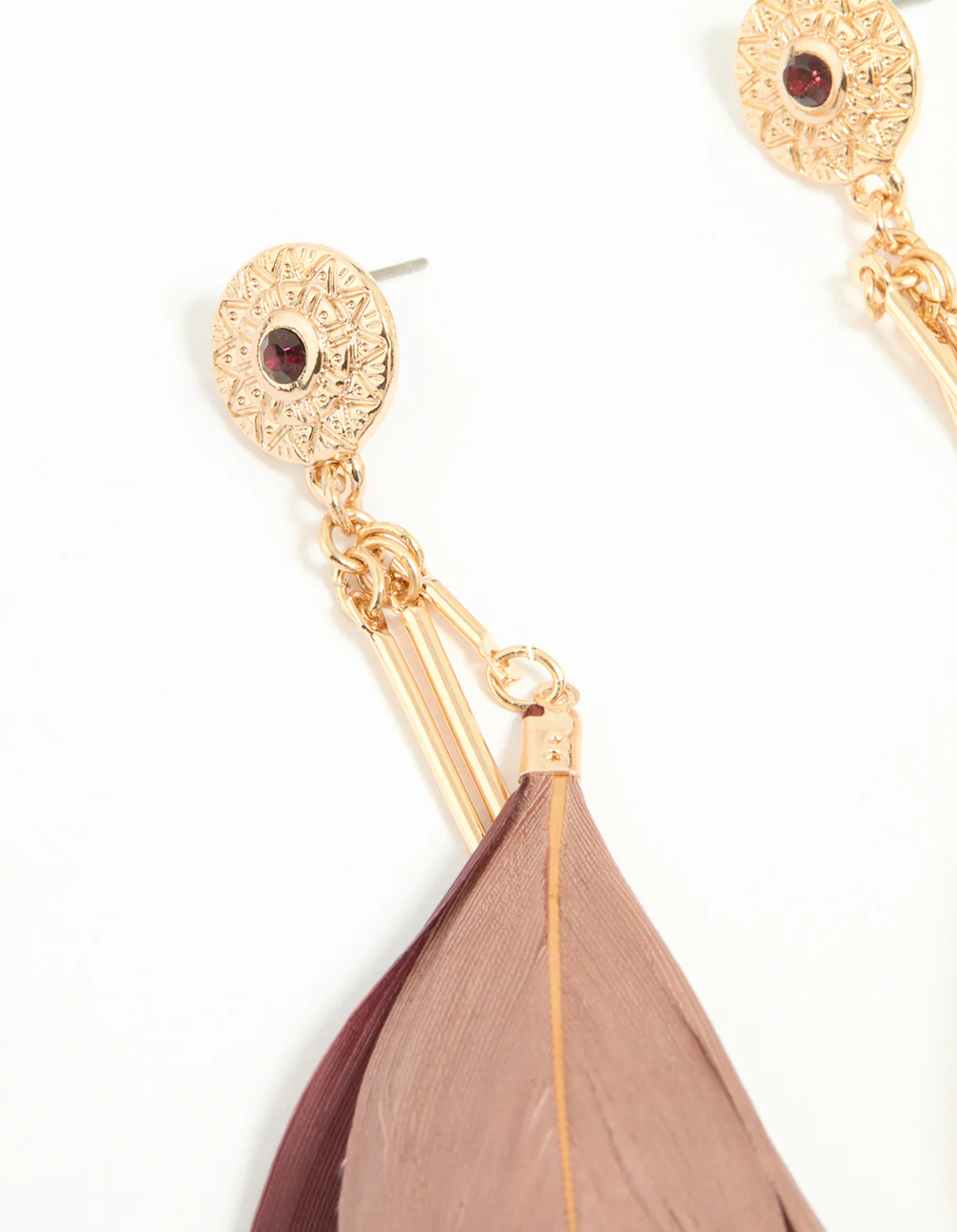 Gold Burgundy & Pink Feather Drop Earrings - Image 4