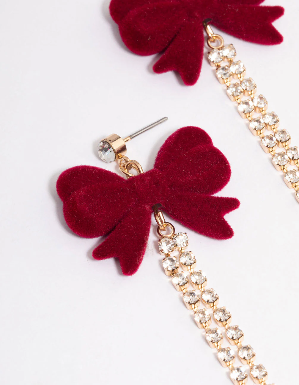 Gold Burgundy Velvet Bows & Diamante Cup Chain Drop Earrings - Image 2