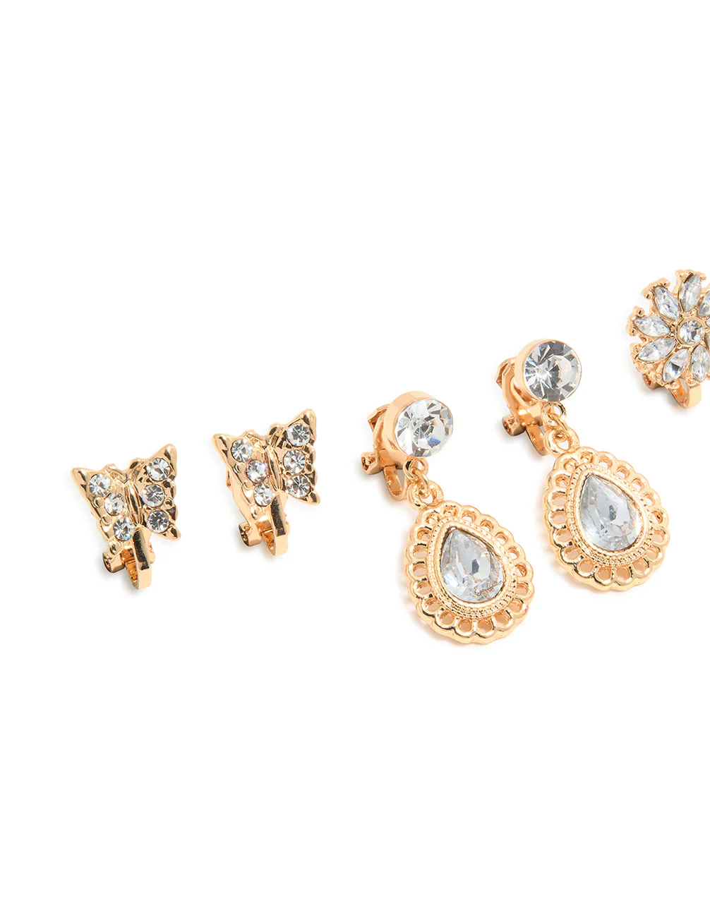 Gold Butterfly & Diamante Clip On Earrings 4-Pack - Image 2