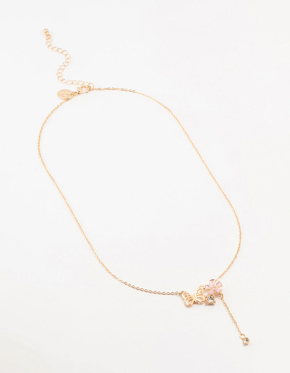 Gold Butterfly Flower Diamante Drop Necklace - Image 2