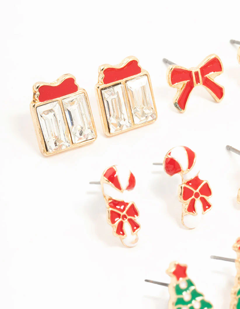 Gold Candy Cane & Bow Earrings 12-Pack - Image 2