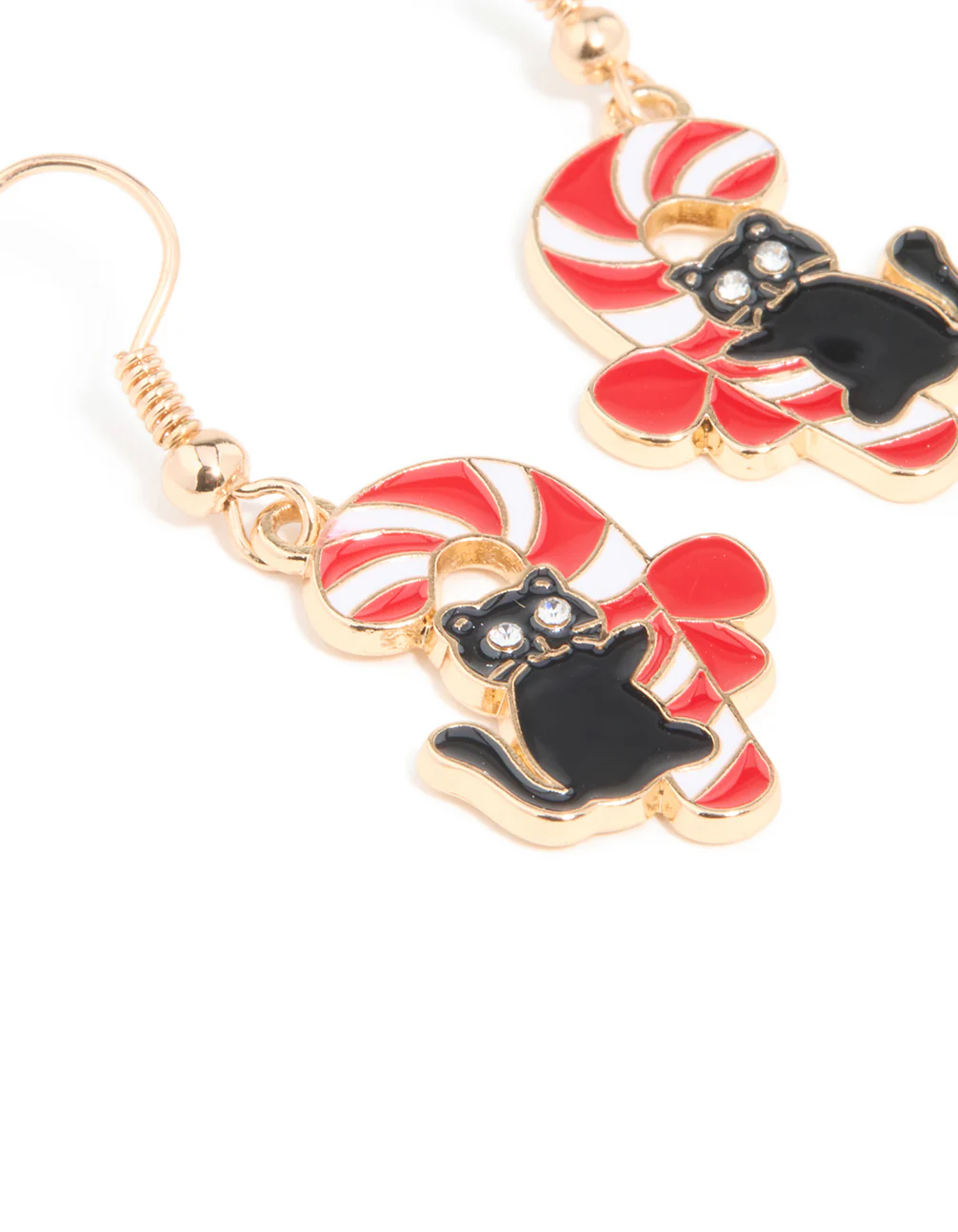 Gold Candy Cane Cat Drop Earrings - Image 2