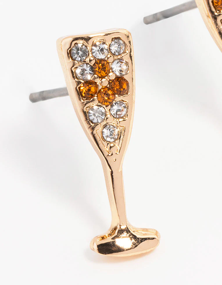 Gold Champagne Flute Stud Earrings - Image 2
