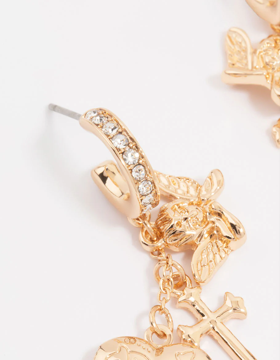 Gold Cherub Heart Cross Huggie Earrings - Image 4
