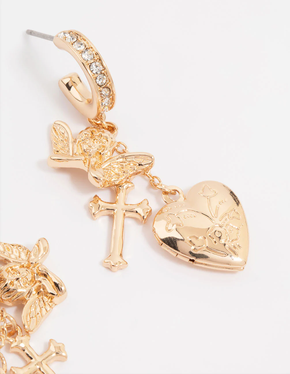 Gold Cherub Heart Cross Huggie Earrings - Image 5