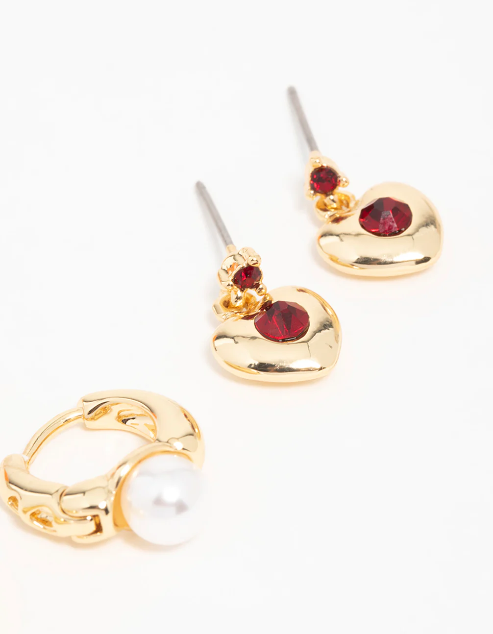 Gold Plated  Chunky Heart Stud Earrings 3-Pack - Image 3