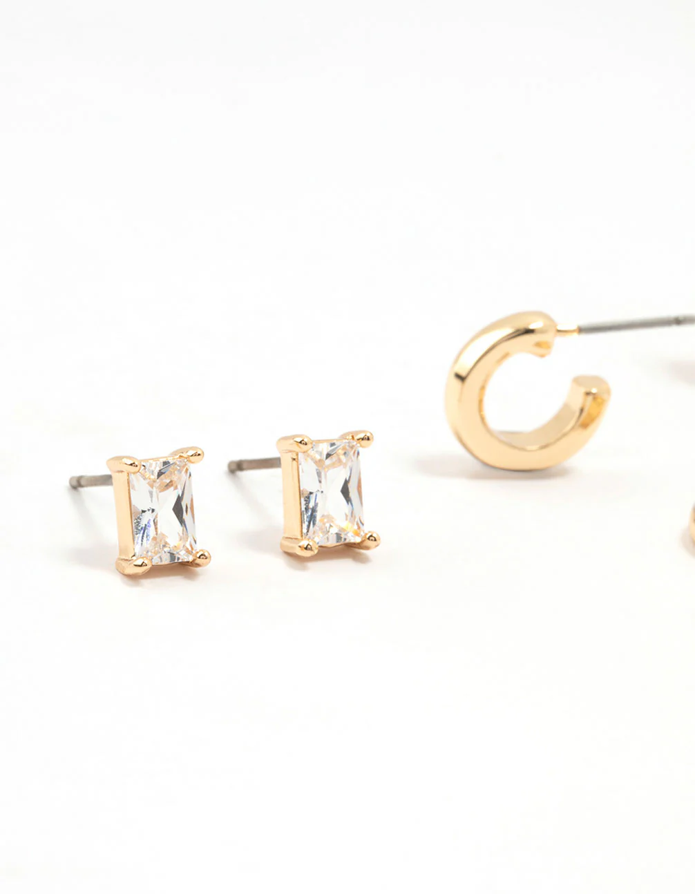 Gold Classic Cubic Zirconia Stud & Hoop Earrings 3-Pack - Image 4