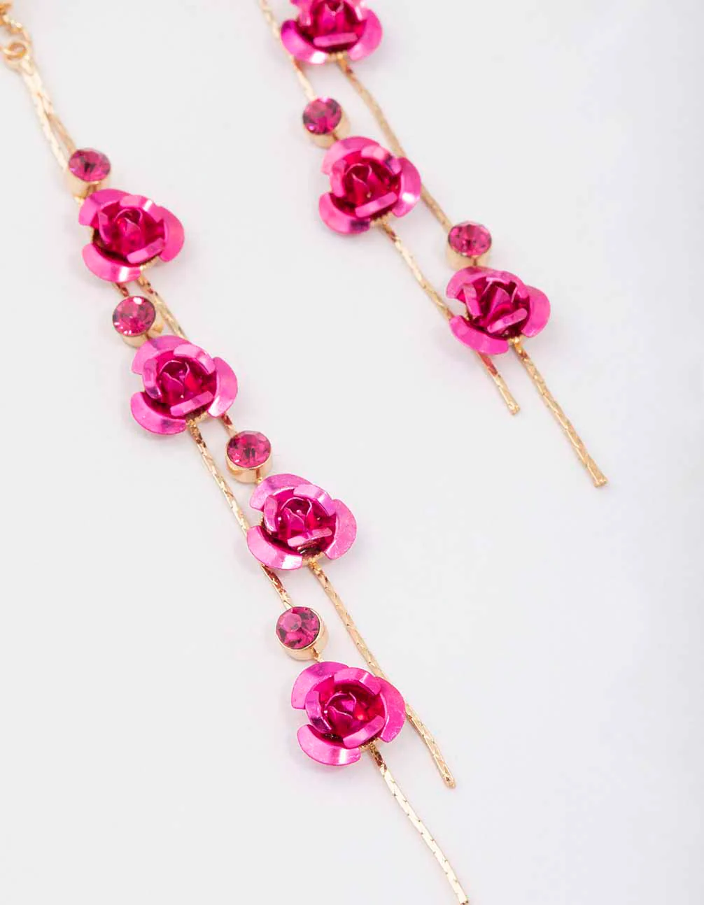 Gold Climbing Hot Pink Rose Drop Earrings - Image 2