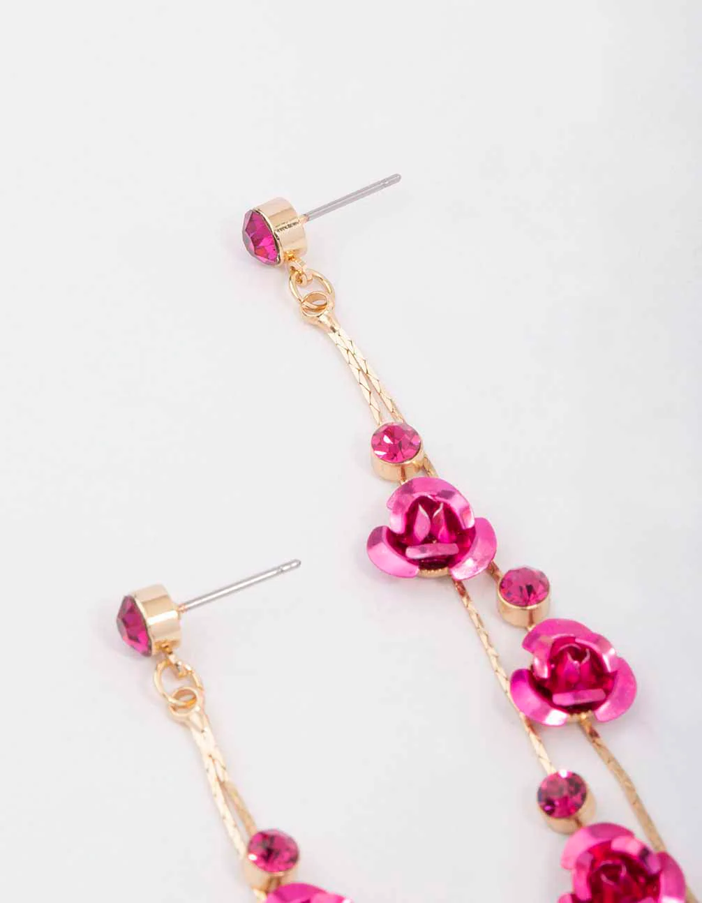 Gold Climbing Hot Pink Rose Drop Earrings - Image 3