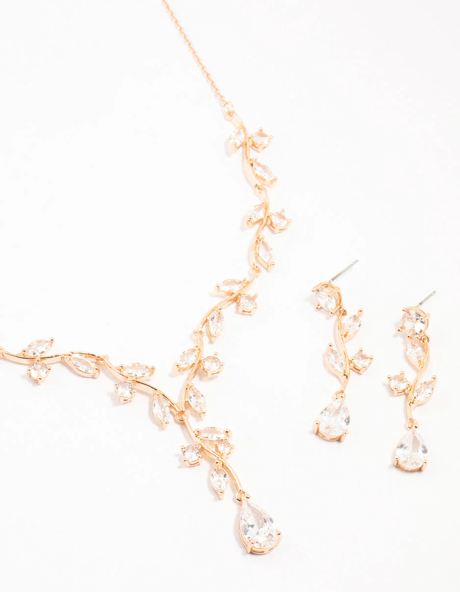 Gold Creeping Crystal Roses Necklace & Earrings Set - Image 2