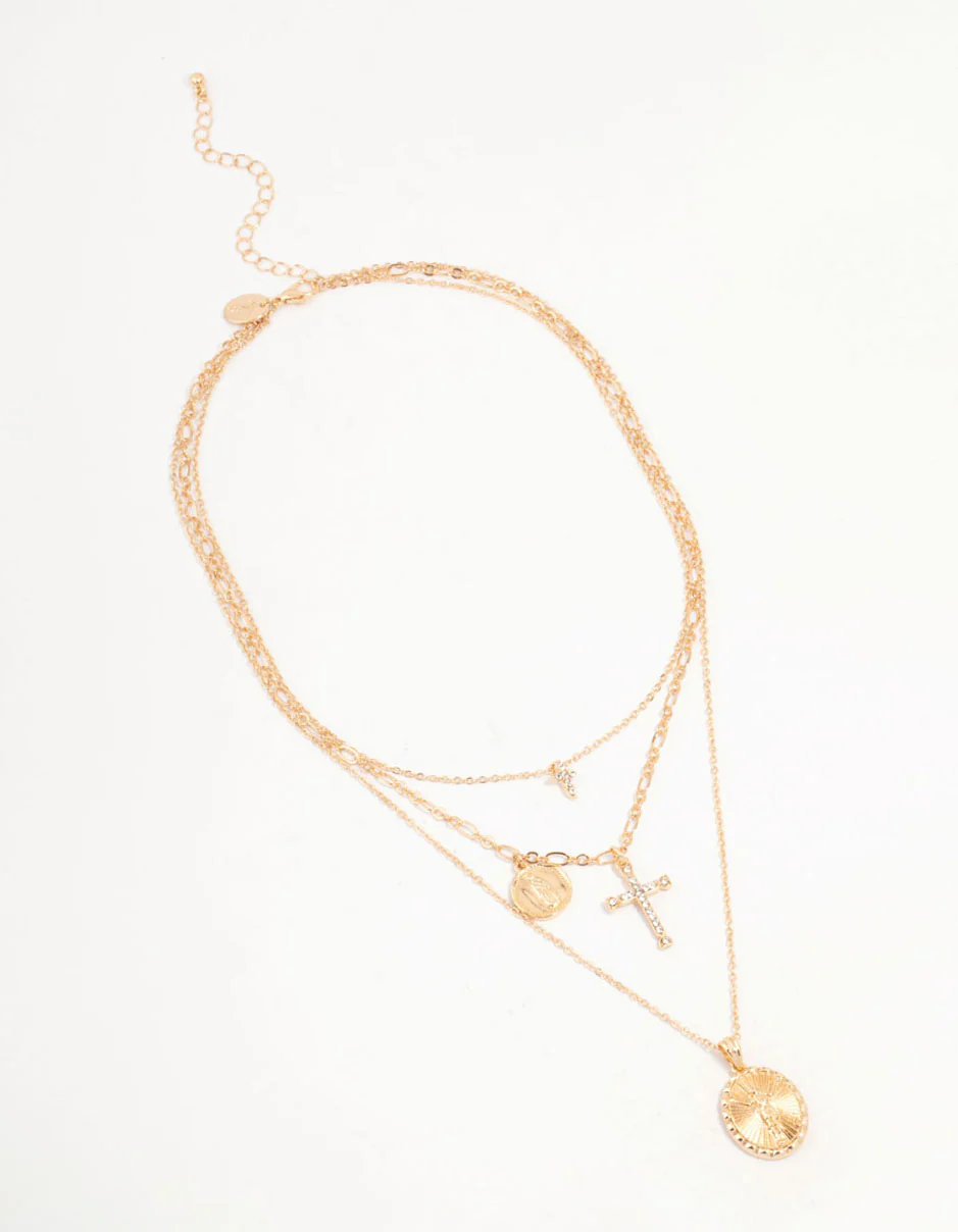 Gold Cross & Coin Layered Necklace - Image 2