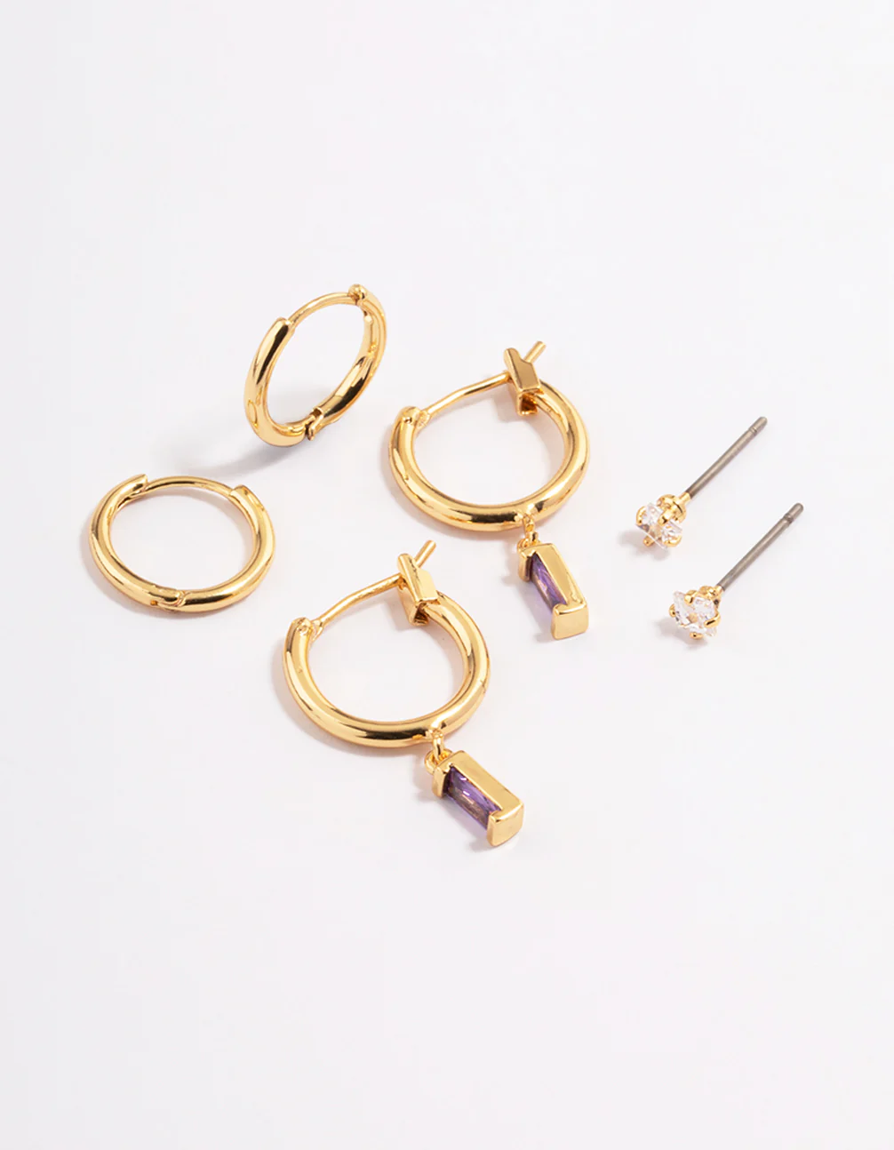 Gold Plated Cubic Zirconia Baguette Huggie Earrings 6-Pack