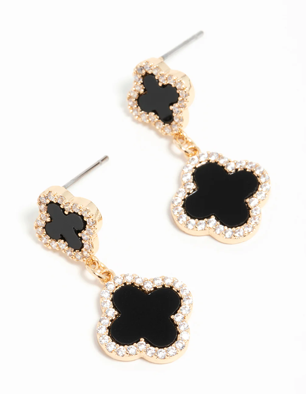Gold Cubic Zirconia Black Flower Drop Earrings - Image 2