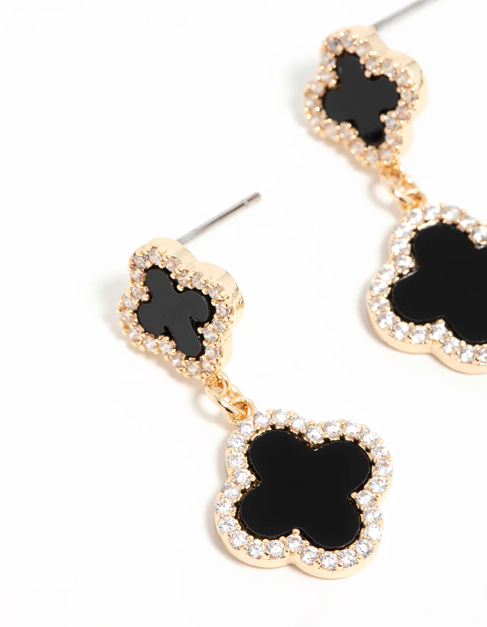 Gold Cubic Zirconia Black Flower Drop Earrings - Image 4