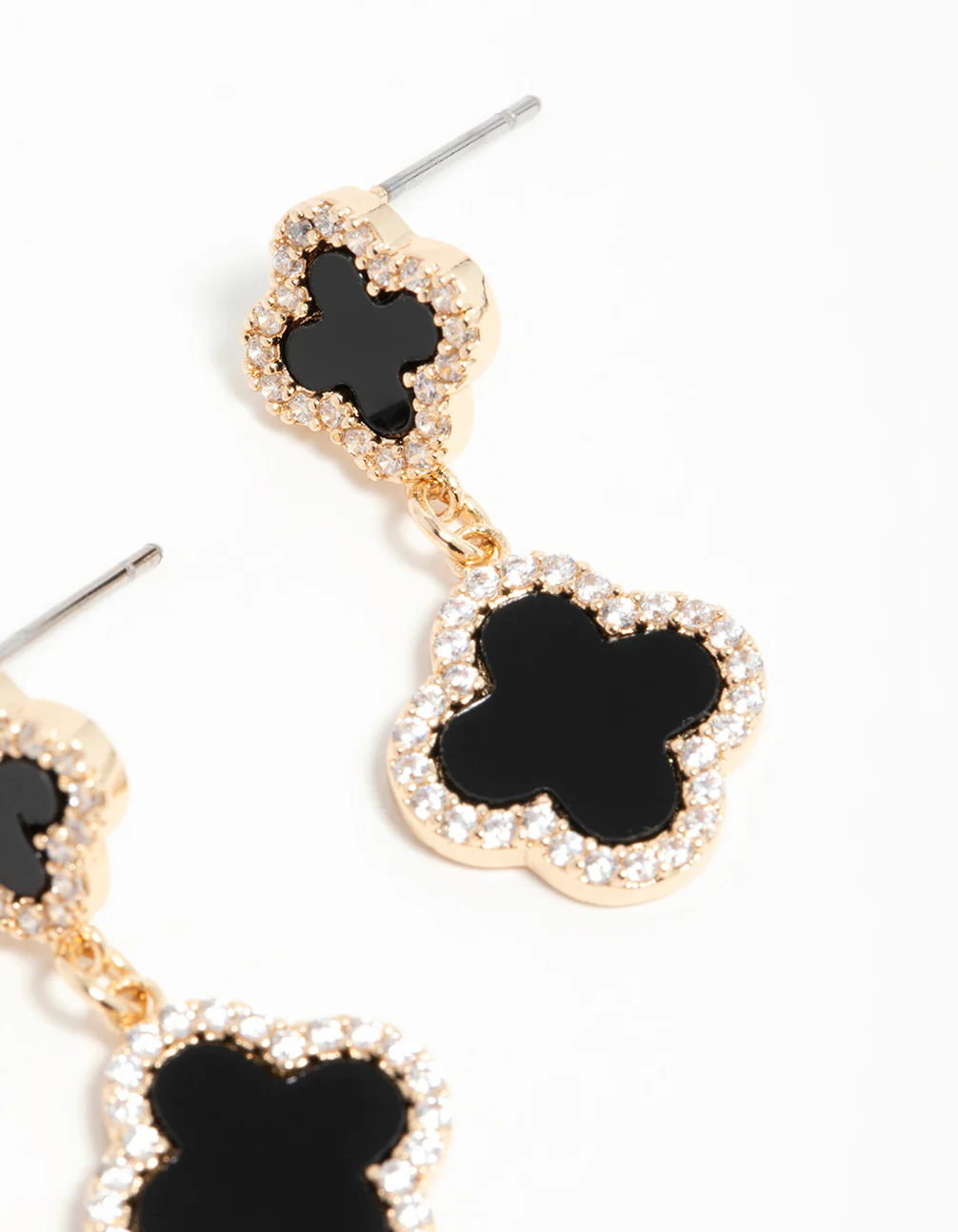 Gold Cubic Zirconia Black Flower Drop Earrings - Image 5