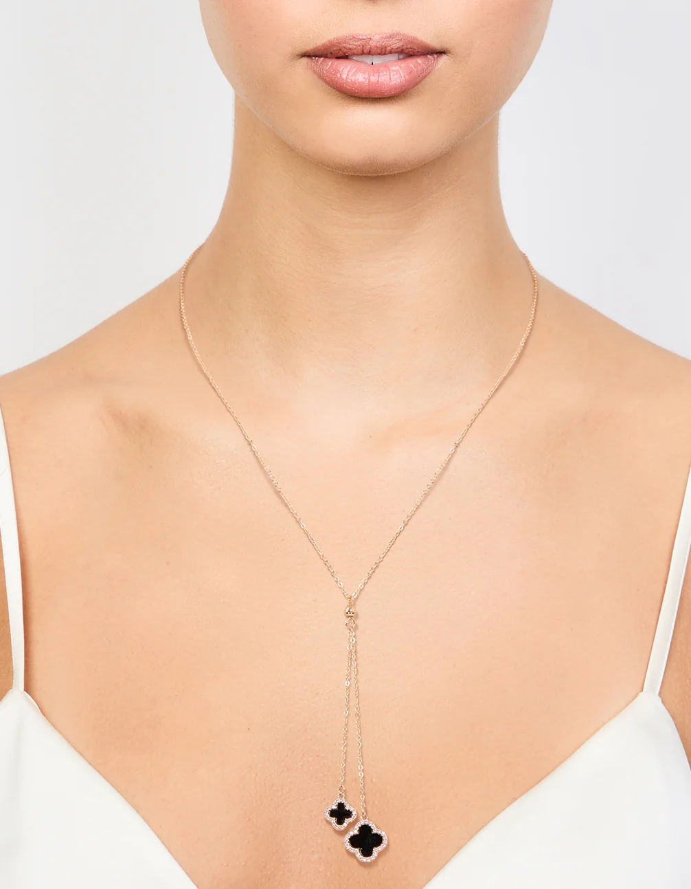 Gold Cubic Zirconia Black Flower Y-Necklace - Image 2