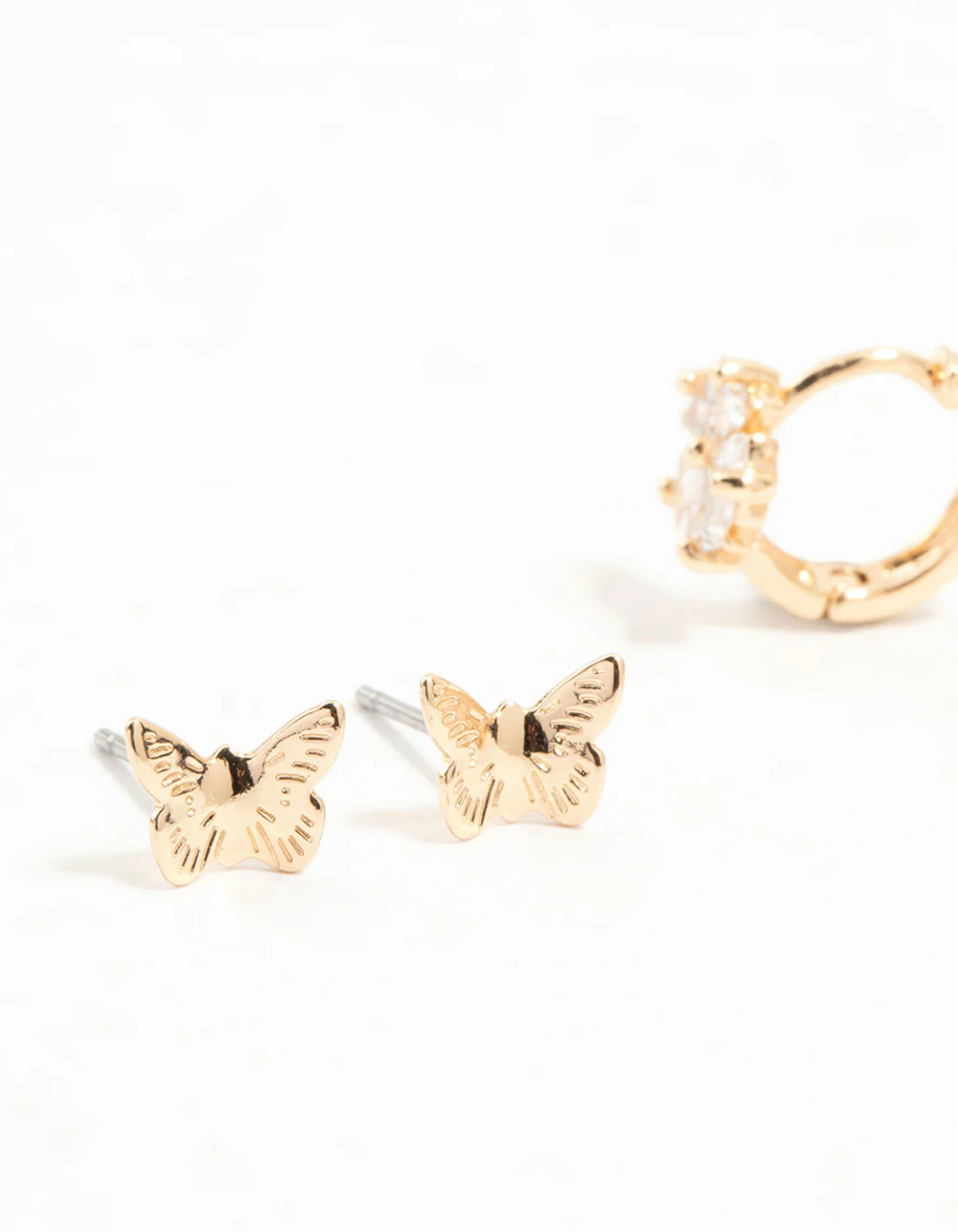 Gold Cubic Zirconia Butterfly Flower 3 Pack Earrings - Image 2
