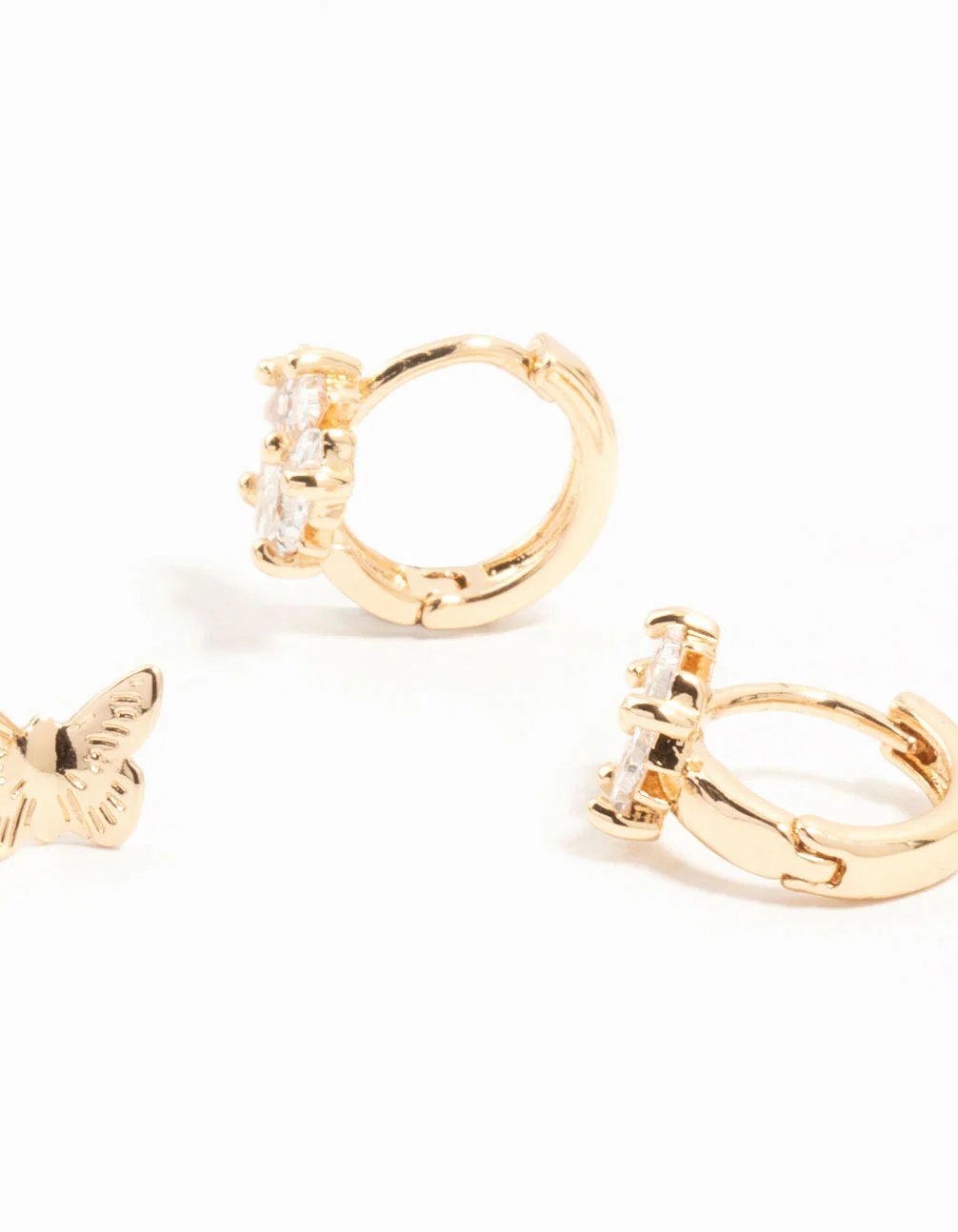 Gold Cubic Zirconia Butterfly Flower 3 Pack Earrings - Image 3