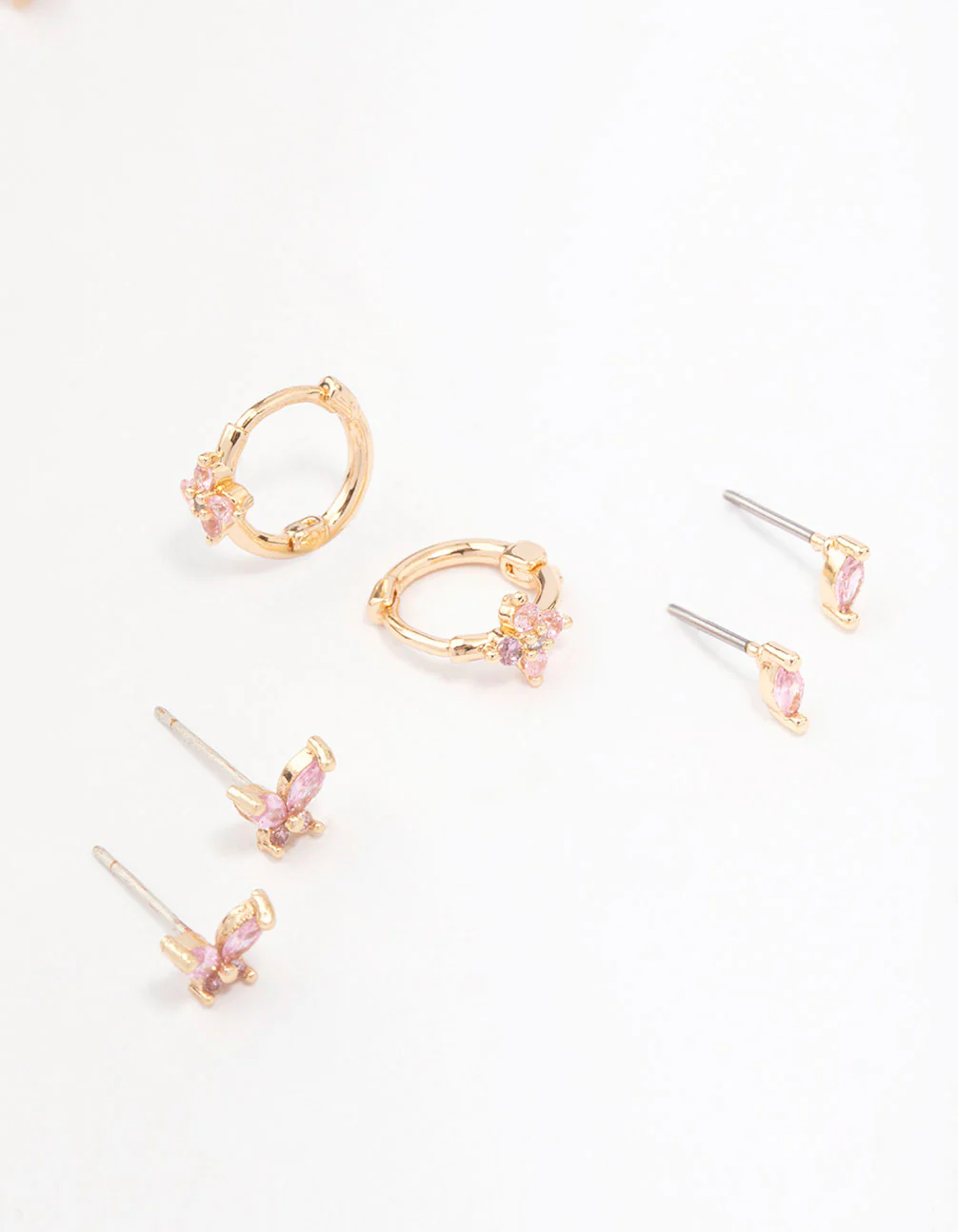 Gold Cubic Zirconia Butterfly & Flower Earring 3-Pack - Image 3
