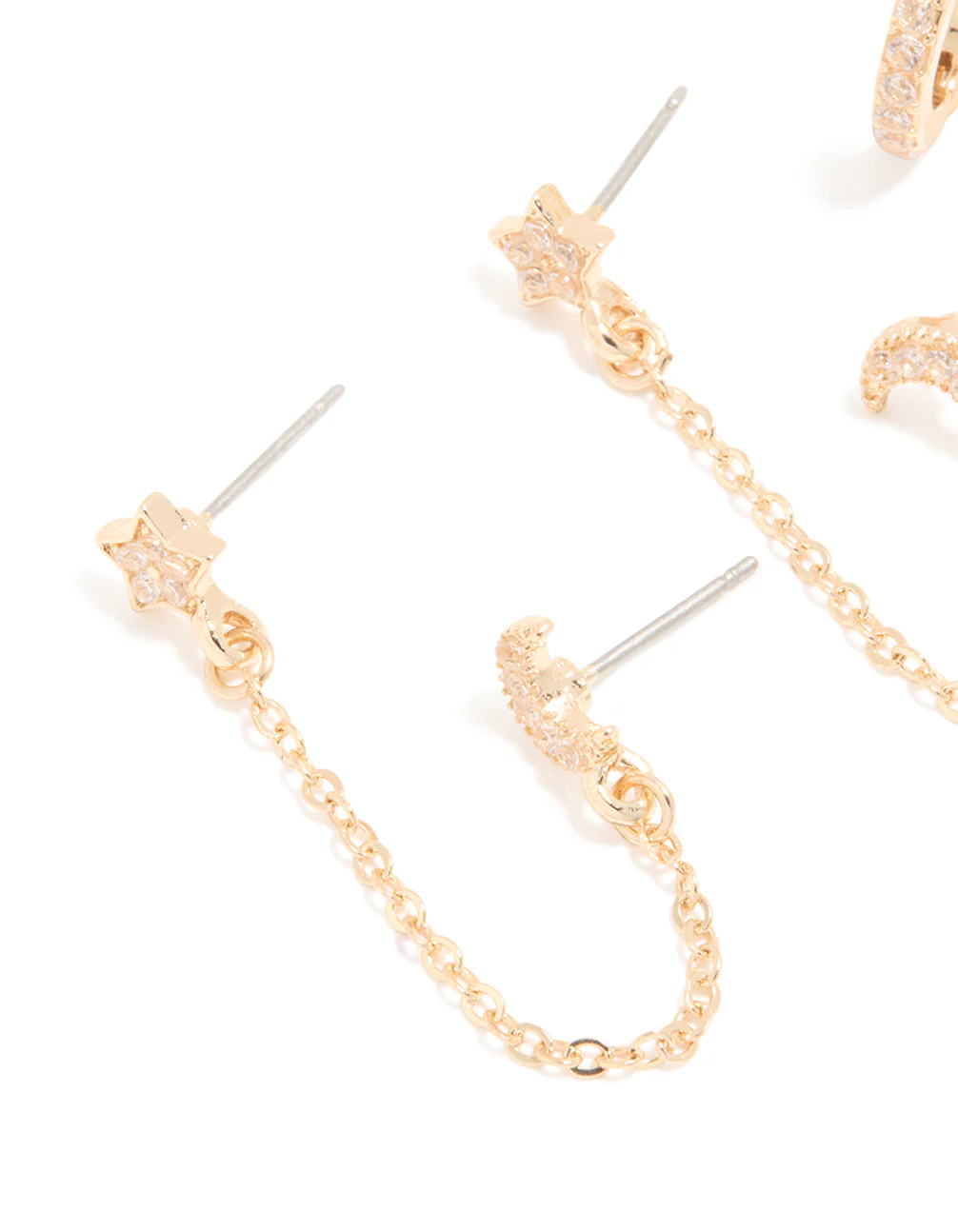 Gold Cubic Zirconia Celestial Chain Double & Huggie Earrings Pack - Image 2