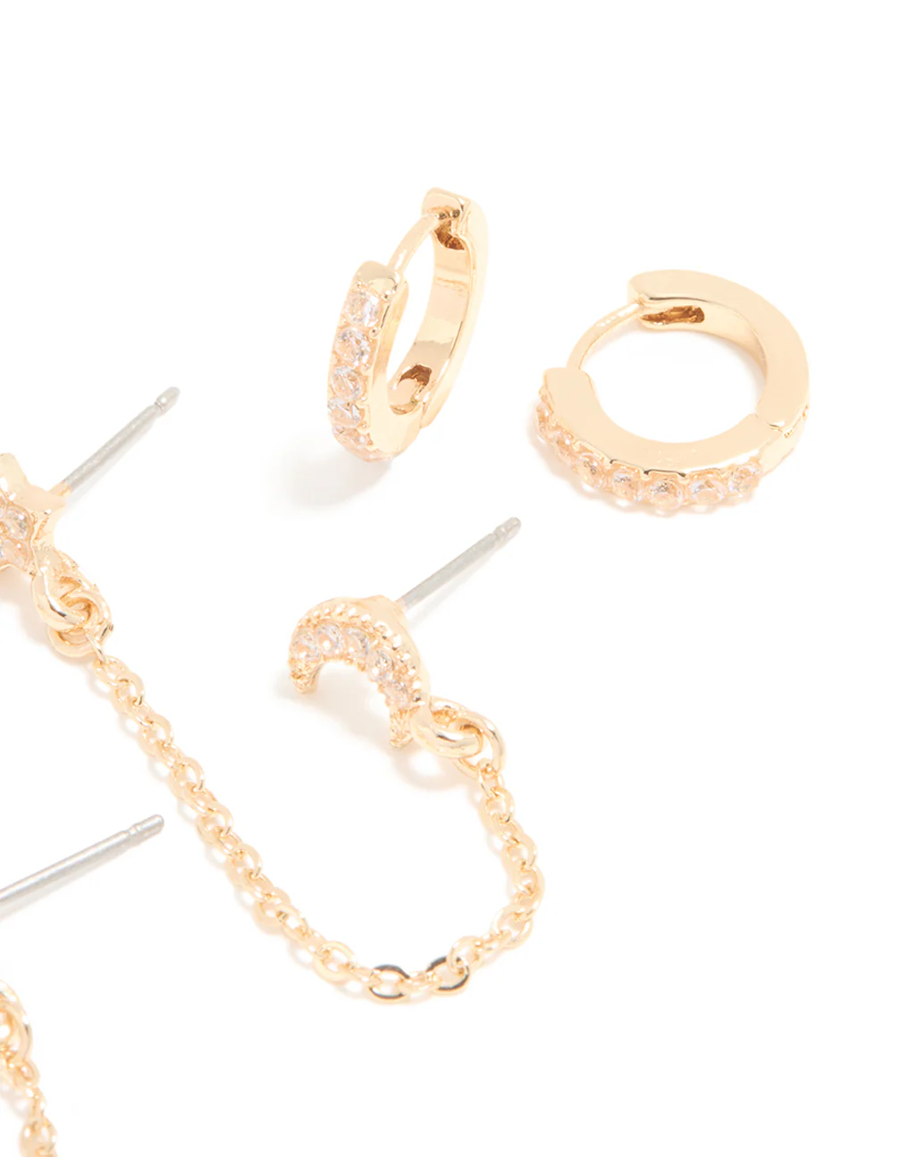 Gold Cubic Zirconia Celestial Chain Double & Huggie Earrings Pack - Image 3