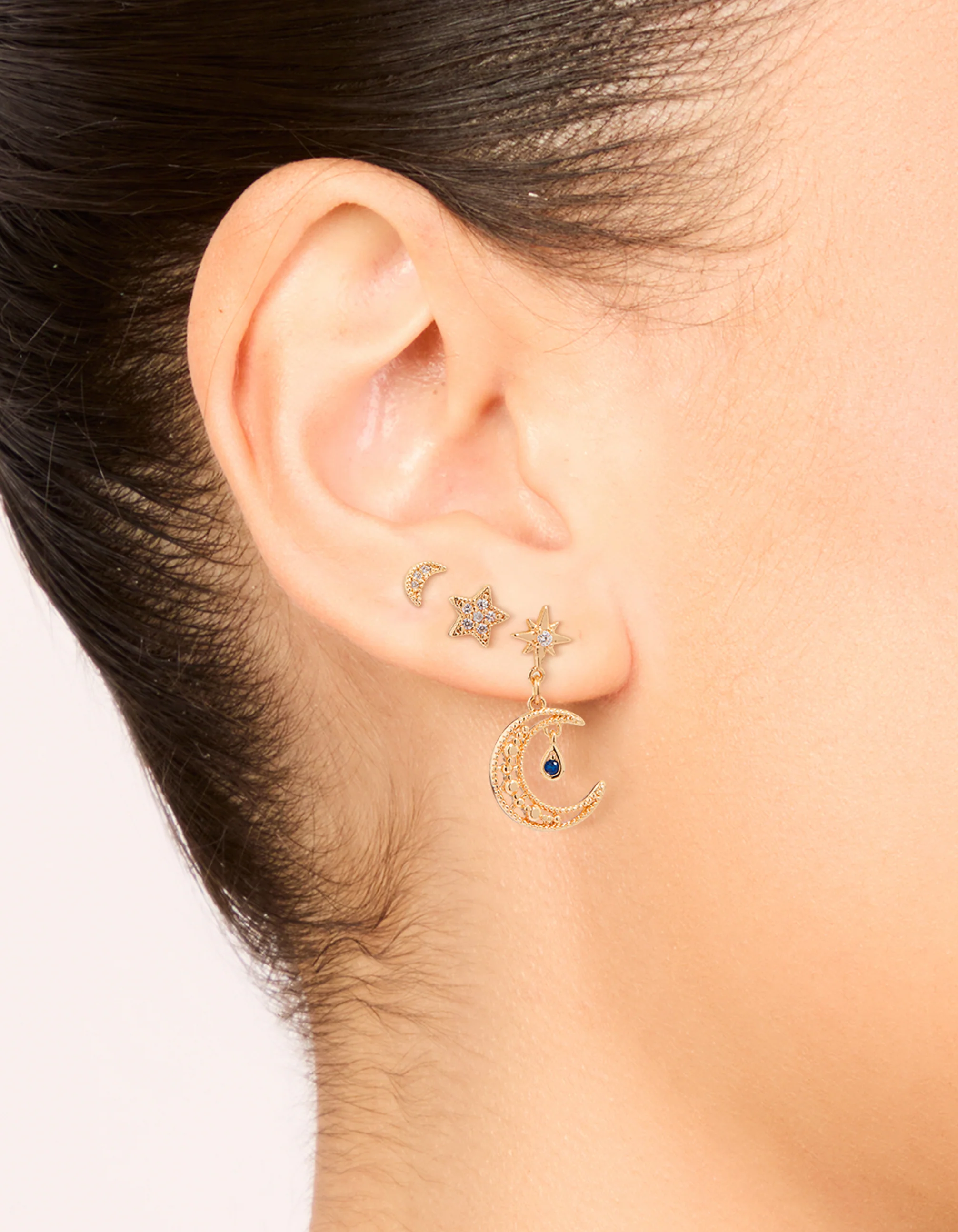 Gold Cubic Zirconia Celestial Drop & Stud Earrings 3-Pack - Image 2