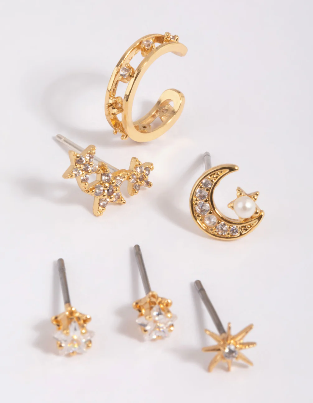 Gold Plated  Cubic Zirconia Celestial Stud Earrings 6-Pack - Image 3