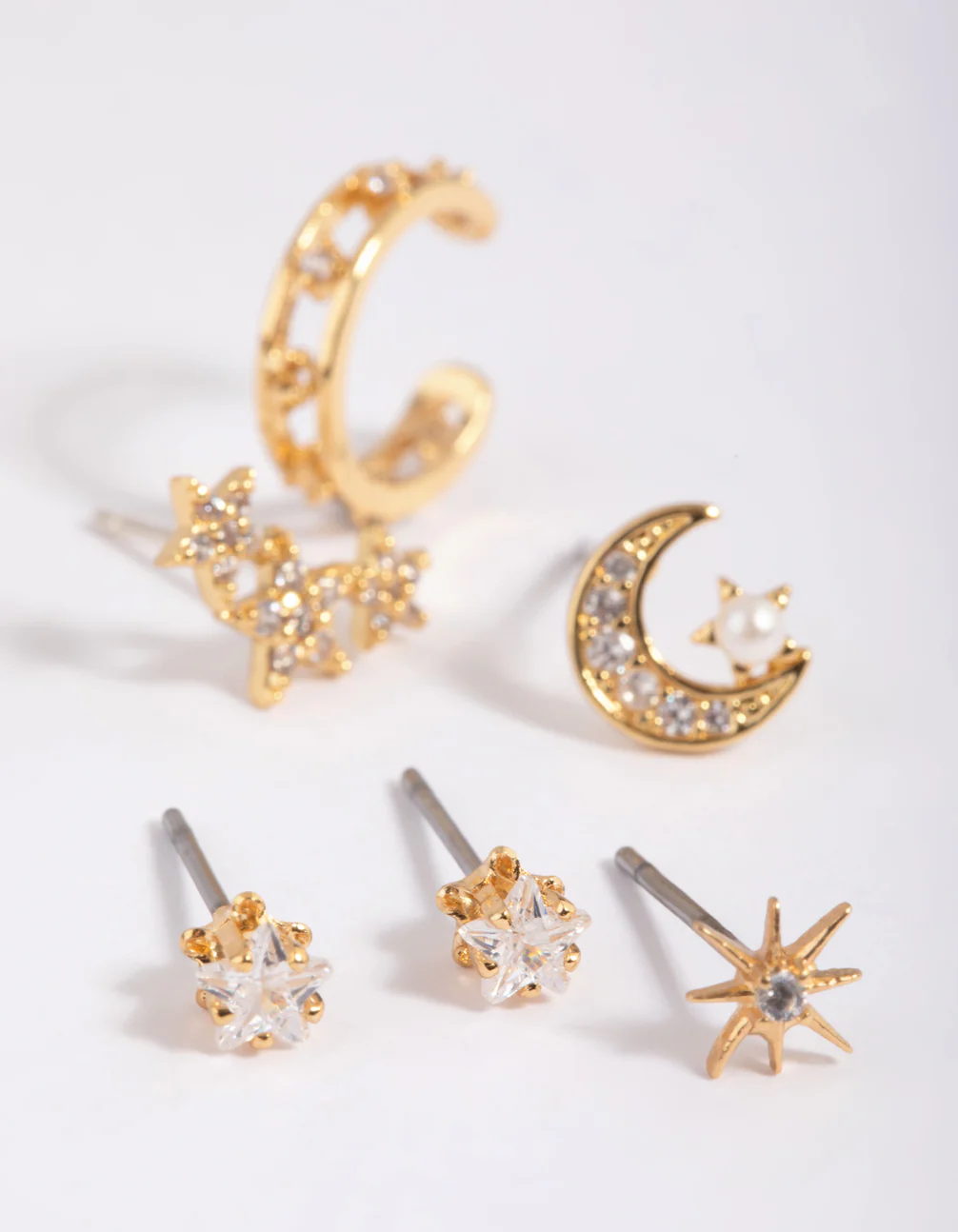 Gold Plated  Cubic Zirconia Celestial Stud Earrings 6-Pack - Image 4